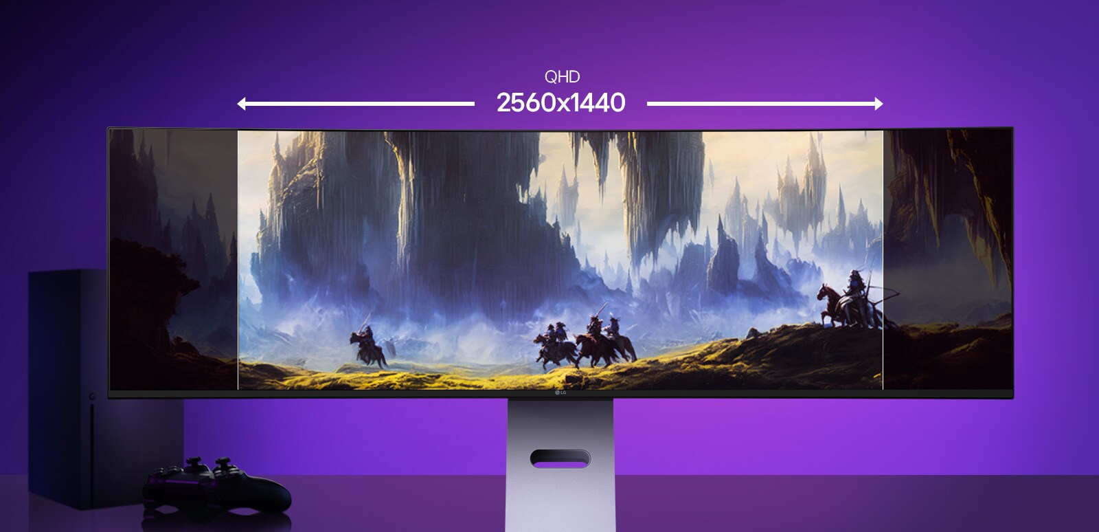 مقارنة توضح مجال رؤية موسّع بدقة DQHD 5120×1440. الجزء العلوي: منظر قياسي مع حواف مرئية؛ الجزء السفلي: منظر غامر واسع للغاية دون انقطاع الحواف.	