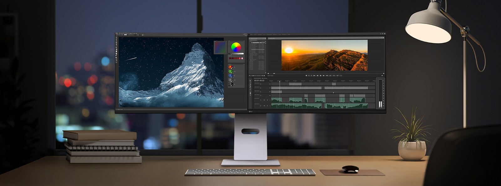 مساحة عمل إبداعية ليلية تتميز بشاشة LG UltraWide monitor، تعرض برنامج تحرير الصور والفيديو على الشاشة العريضة، محاطة بملحقات المكتب والإضاءة الهادئة.	