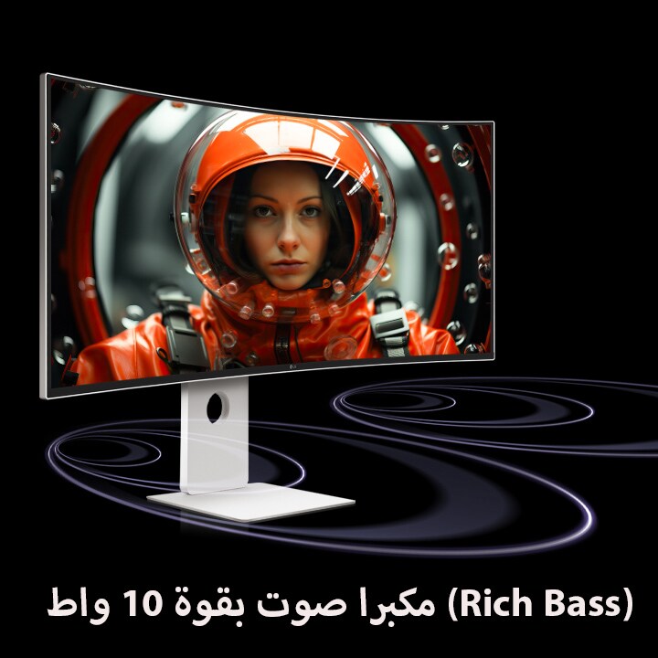 يتم وضع شاشة UltraFine في مساحة افتراضية مع موجات صوتية قادمة من الجزء السفلي من الشاشة تتحرك للأمام. على الشاشة، تظهر امرأة ترتدي بدلة ذات مساحة حمراء متجهة للأمام.	