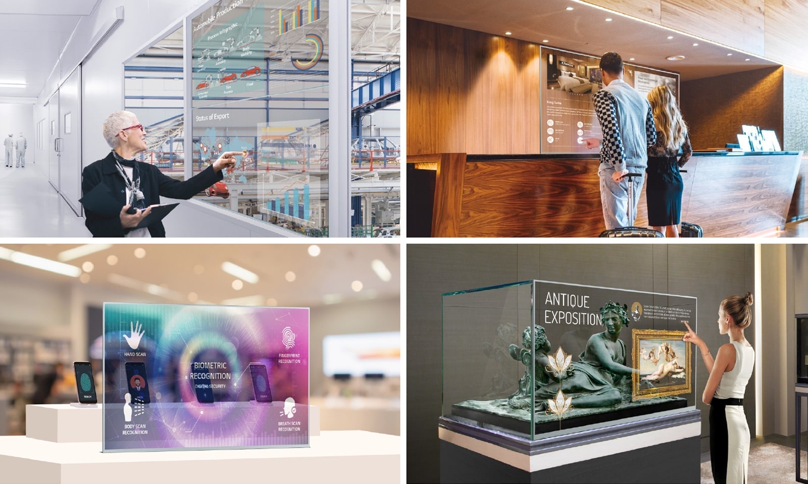 سيدة تقرأ المحتوى على شاشة معلومات OLED شفافة مثبتة إلى جانب النافذة.