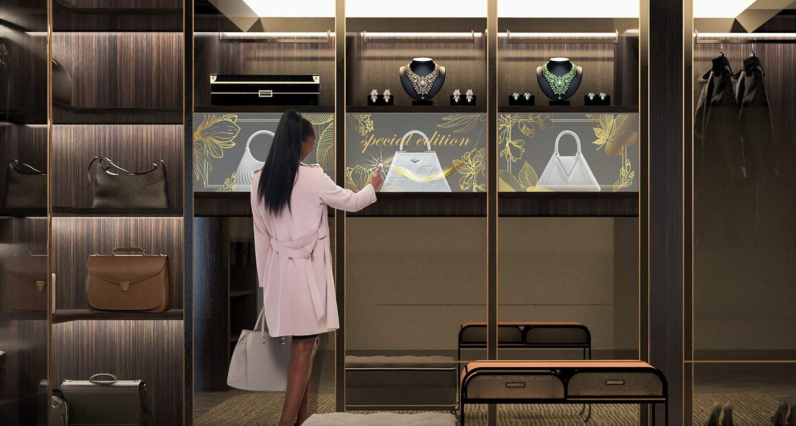 في أحد المتاجر الراقية، تم تركيب لافتات Transparent OLED Signage الشفافة في أحد المتاجر الراقية، حيث تتفاعل المرأة مع الشاشة الشفافة، لتكشف عن أنماط تمتزج بسلاسة مع الحقائب المعروضة خلف الشاشة على الرف.