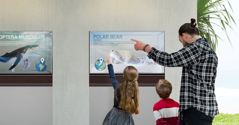 في المتحف، أب وطفلان يلمسون شاشة لافتات Transparent OLED Signage الشفافة في المتحف، ويتثقفون حول الدببة القطبية. إلى جانب الشرح المعروض، يتم عرض نماذج مصغرة للدب القطبي يمكن رؤيتها من خلال الشاشة.