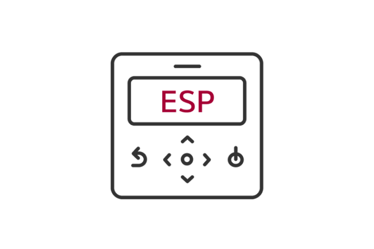 أيقونة واجهة بسيطة مع كلمة "ESP" في مستطيل، محاطة برموز تحكم تشير إلى سهولة التحكم في LG Ceiling Concealed Duct.