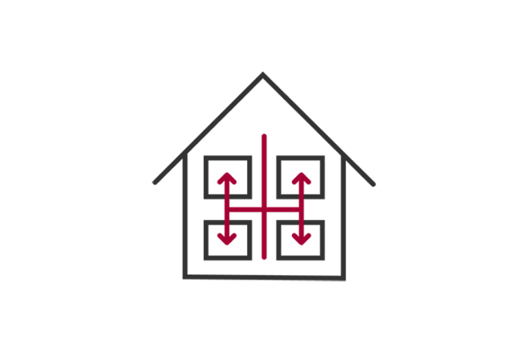 يشير رمز مخطط المنزل البسيط مع ثلاثة أسهم داخلية إلى اتجاه تدفق الهواء في LG Ceiling Concealed Duct في الغرف المختلفة، مما يرمز إلى إدارة الهواء بكفاءة في مساحات متعددة.