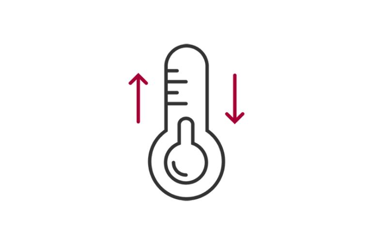 رمز مقياس الحرارة مع أسهم حمراء تشير إلى إعدادات درجة الحرارة القابلة للتعديل يمثل التحكم الأمثل في درجة الحرارة لـ LG Ceiling Concealed Duct.