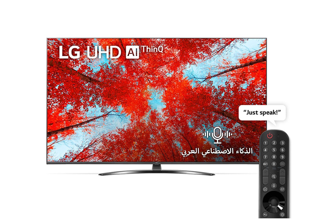 LG تلفزيون فائق الوضوح (UHD) من إل جي بدقة 4K مقاس 65 بوصة من سلسلة UQ9100، مع HDR (النطاق الديناميكي العالي) النشط 4K، لتصميمات شاشة السينما، تقنية AI ThinQ للتلفزيون الذكي بنظام التشغيل WebOS, منظر أمامي لتلفزيون UHD من LG مع صورة بملء الشاشة وشعار المنتج, 65UQ91006LC