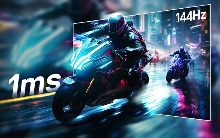 Racing game scene of extremely fast 1ms (GtG) response and a rapid 144Hz refresh rate.