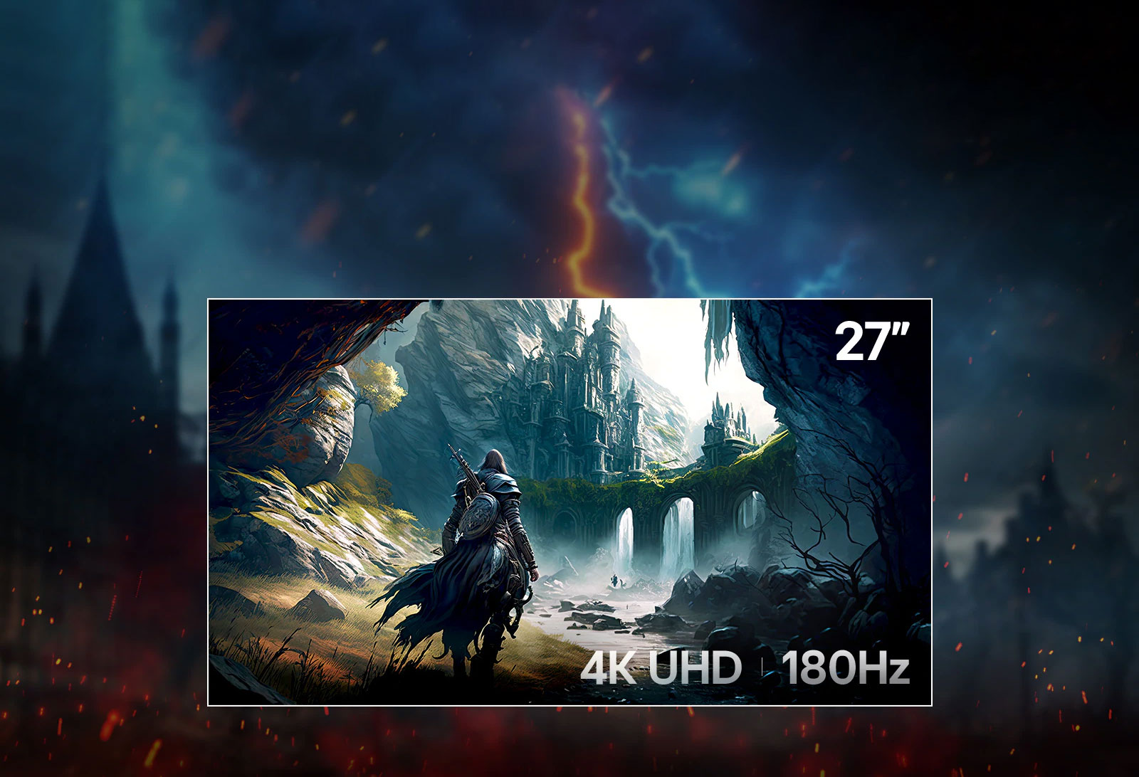 بانر رئيسي لشاشة LG UltraGear™ 27G810A: محارب خيالي يمتطي حصانًا ويتقدم نحو أطلال مضيئة بنور الشمس وسط غابة داكنة. العنوان: "سيطر مع الحجم المثالي"، يلي ذلك نص ترويجي عن دقة 4K الفائقة وسرعات الوضع المزدوج. تراكب في الزاوية يعرض المواصفات الرئيسية: "27 بوصة" | 4K UHD‏ | 180 هرتز".	