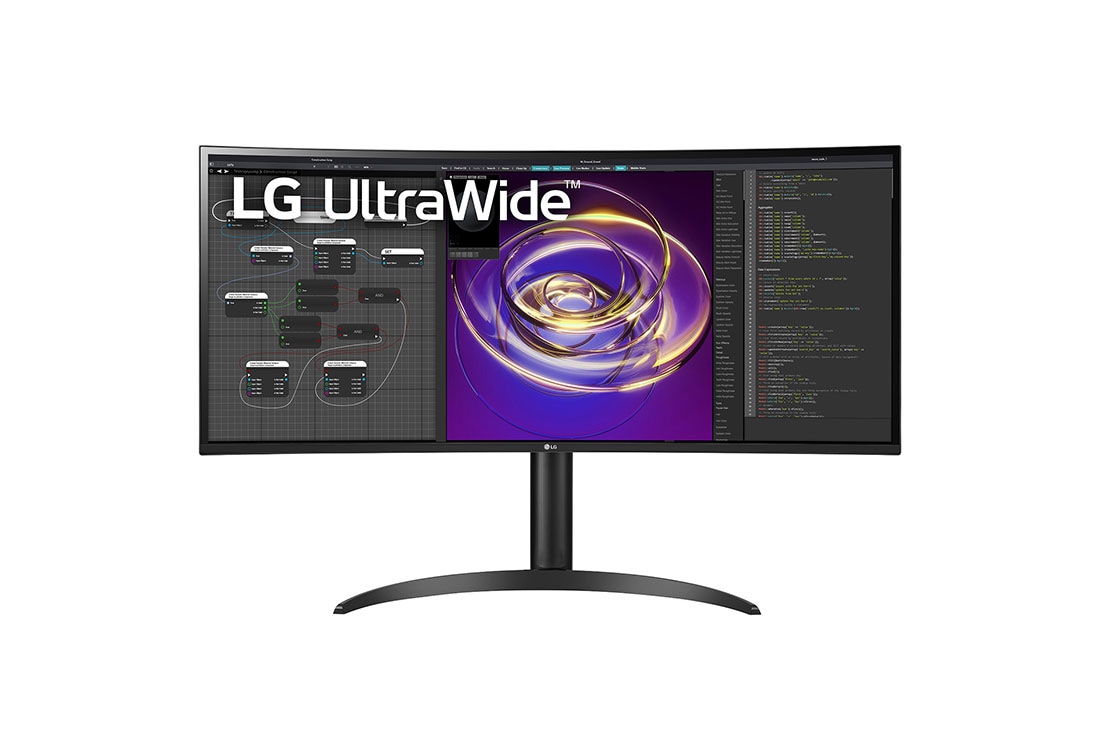 LG شاشة UltraWide منحنية، مقاس 34 بوصة، نسبة عرض إلى ارتفاع 21:9 (1440 × 3440)، منفذ USB C، تقنية IPS، دقة QHD، حامل قابل للتعديل, عرض أمامي, 34WP85CN-B