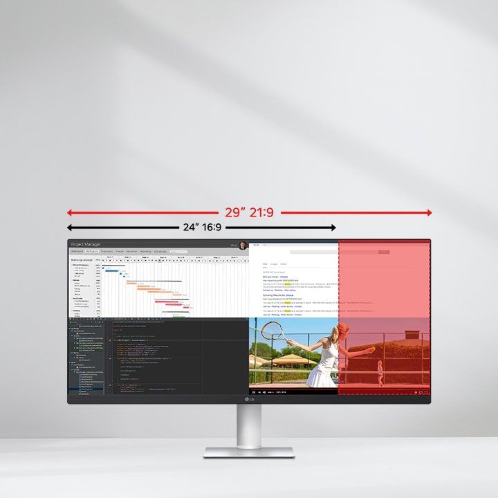 شاشة LG واسعة للغاية مقاس 29 بوصة توضح الفرق بين نسب العرض إلى الارتفاع 21:9 و16:9، مع عرض العديد من التطبيقات جنبًا إلى جنب لإبراز ميزة تعدد المهام.