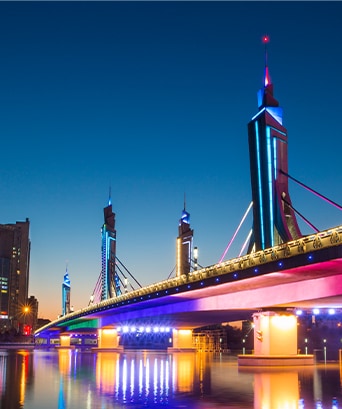 صورة ليلية لجسر حديث وناطحات سحاب ذات إضاءة ساطعة تنعكس في الماء، مما يوضح التباين العالي وتفاصيل اللون.