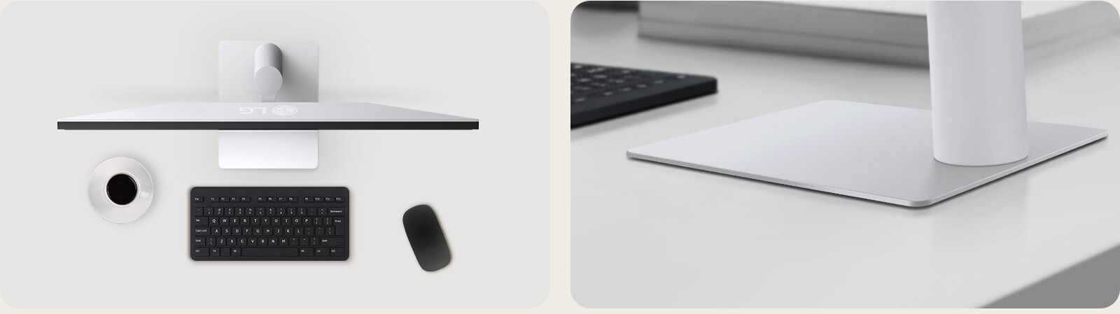 مشاهد علوية وزاوية لإعداد الشاشة على مكتب نظيف، تتميز بكوب قهوة ولوحة مفاتيح لاسلكية وماوس وحامل أنيق ومنخفض المستوى يضمن الاستقرار ويوفر المساحة.