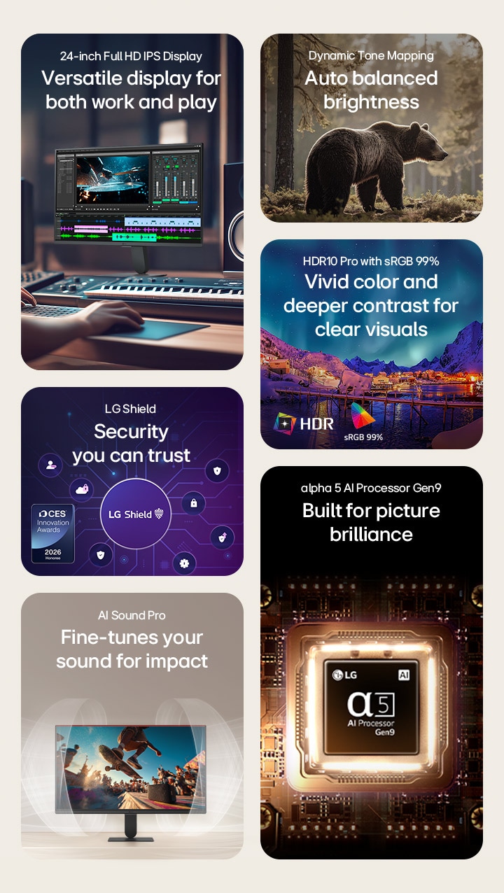 فيديو ملخّص يستعرض مزايا شاشة LG Smart Monitor، بما في ذلك شاشة Full HD IPS وتقنية Dynamic Tone Mapping وHDR10 Pro مع تغطية لونية sRGB 99% وAI Sound Pro ومعالج alpha 5 AI Processor Gen9 وحماية LG Shield.
