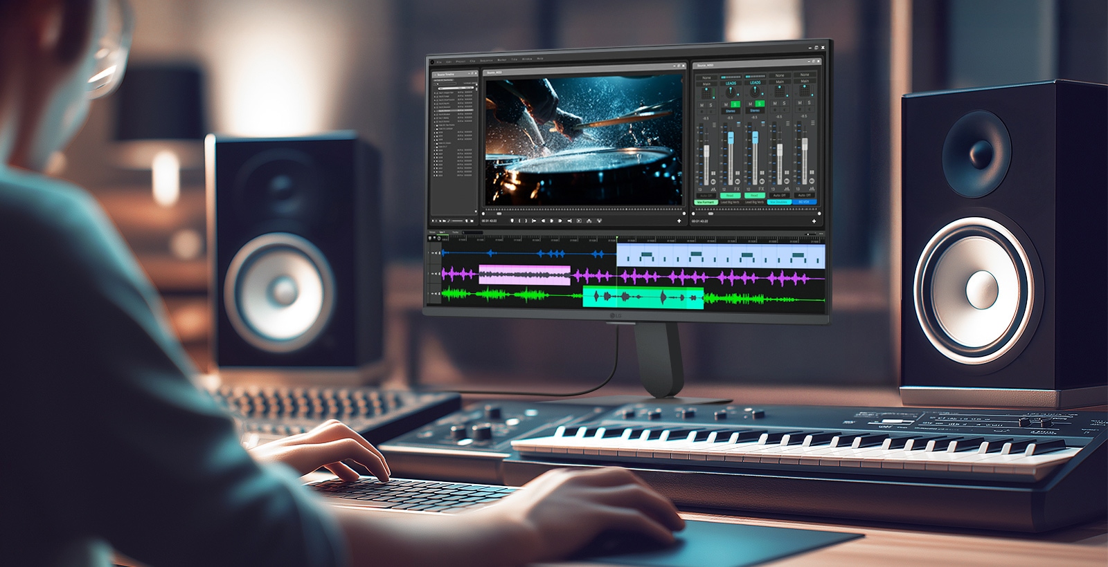 شاشة LG Smart Monitor تعرض بيئة احترافية لتحرير الفيديو والصوت، تتضمن المخطط الزمني وأدوات تصحيح الألوان وواجهة مزج الصوت، مع إبراز دقة IPS 4K ودعم HDR والتغطية اللونية الواسعة في استوديو إبداعي مزود بمكبرات صوت ولوحة مفاتيح لإنتاج المحتوى والأعمال متعددة الوسائط.