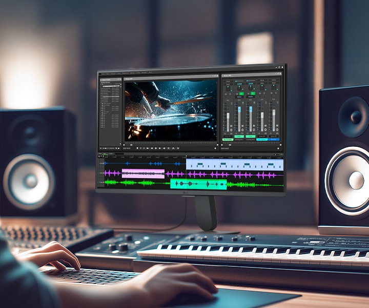 شاشة LG Smart Monitor تعرض بيئة احترافية لتحرير الفيديو والصوت، تتضمن المخطط الزمني وأدوات تصحيح الألوان وواجهة مزج الصوت، مع إبراز دقة IPS 4K ودعم HDR والتغطية اللونية الواسعة في استوديو إبداعي مزود بمكبرات صوت ولوحة مفاتيح لإنتاج المحتوى والأعمال متعددة الوسائط.
