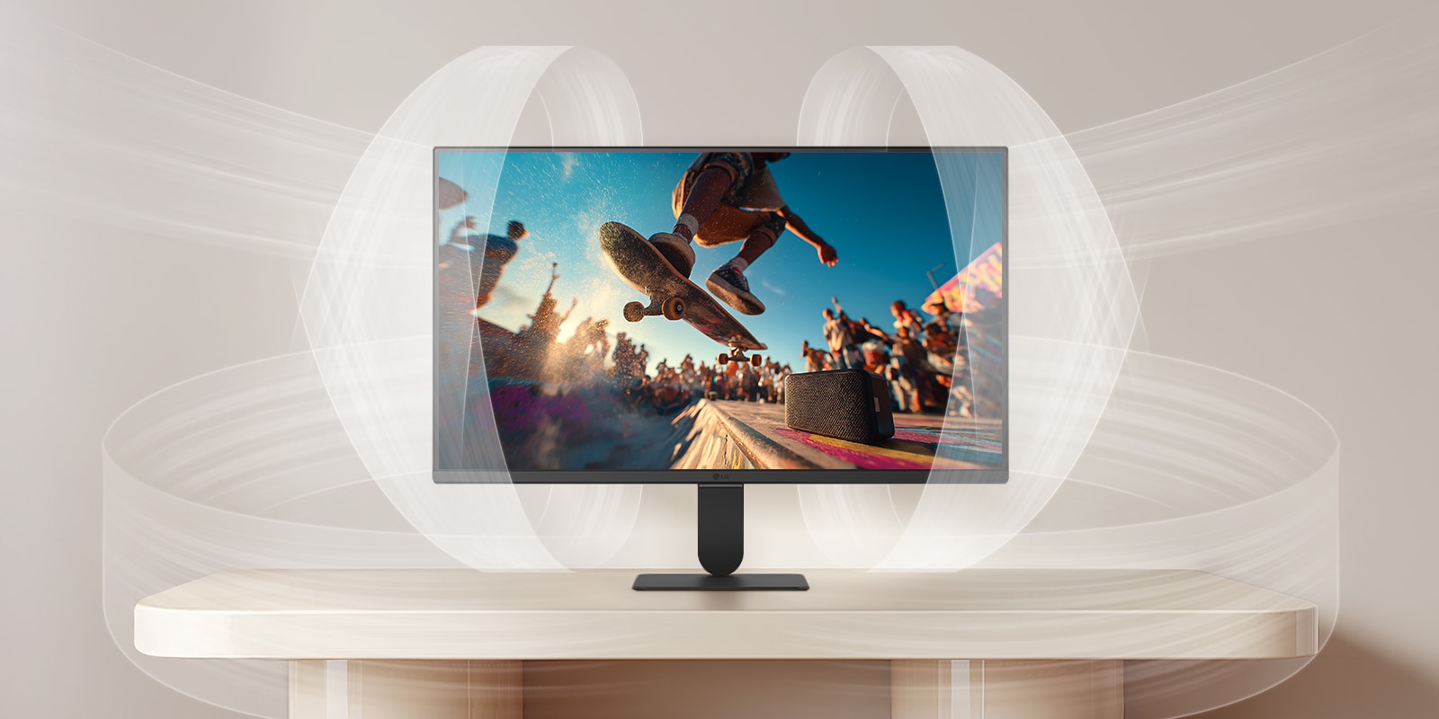 شاشة LG Smart Monitor تعرض تقنية AI Sound Pro من خلال مشهد حفل موسيقي سينمائي على الشاشة، مما يسلط الضوء على تحسين الصوت الغامر، ووضوح الحوار، والأداء الصوتي المتوازن لتجربة ترفيه منزلية محسّنة