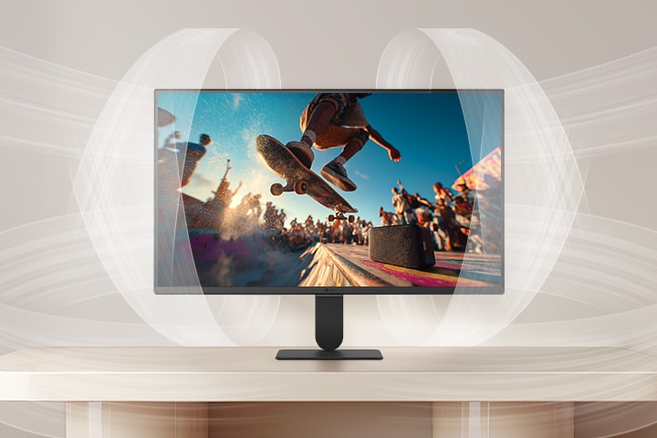 شاشة LG Smart Monitor تعرض تقنية AI Sound Pro من خلال مشهد حفل موسيقي سينمائي على الشاشة، مما يسلط الضوء على تحسين الصوت الغامر، ووضوح الحوار، والأداء الصوتي المتوازن لتجربة ترفيه منزلية محسّنة