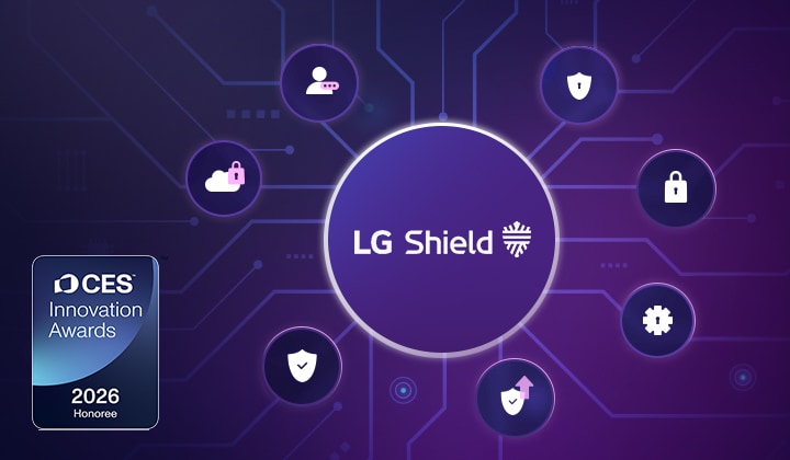 شاشة LG Smart Monitor تسلط الضوء على نظام أمان LG Shield مع تشفير الشبكة وحماية البيانات وتصور أمان متعدد الطبقات، مما يؤكد على تخزين البيانات الآمن والنقل الآمن وتقنية أمان الأجهزة الذكية الحائزة على جوائز