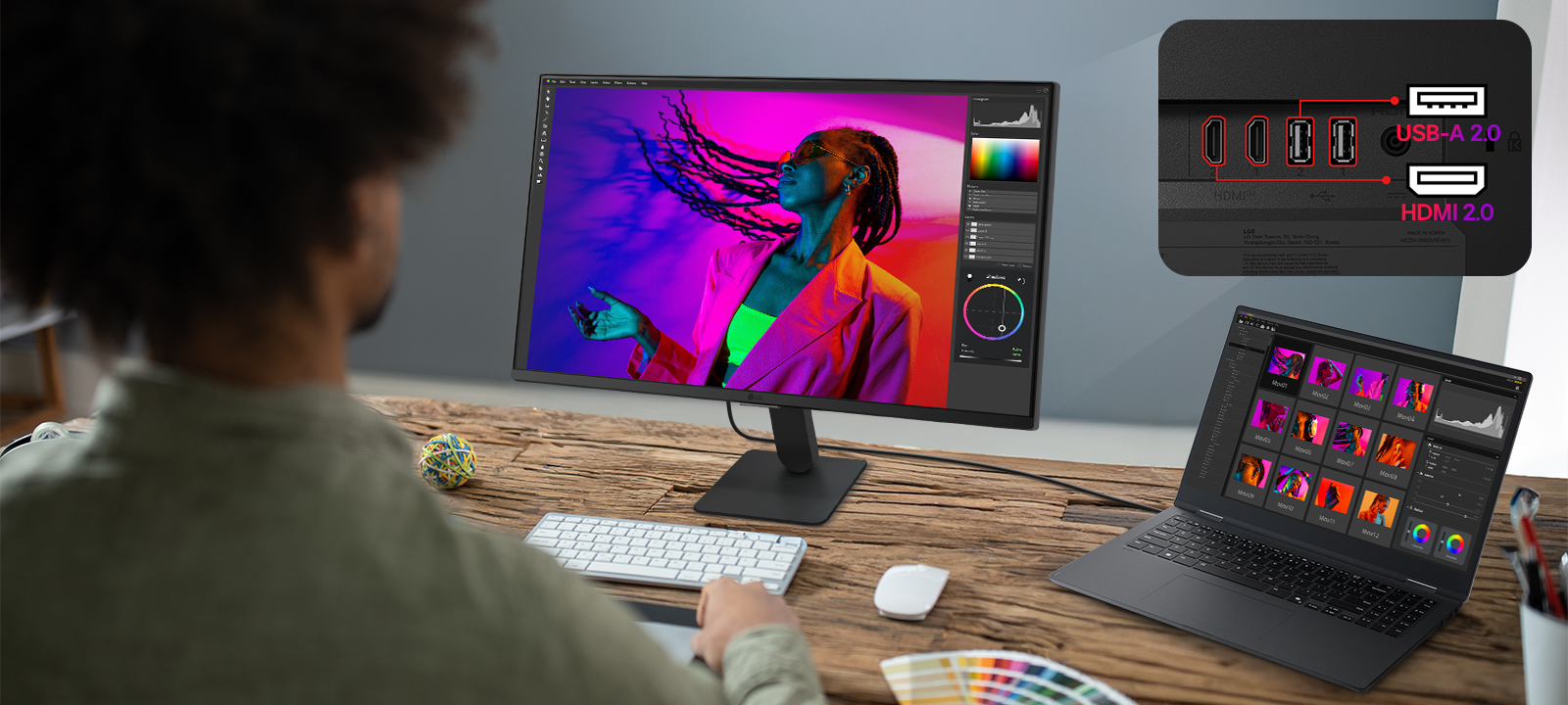 شاشة LG Smart Monitor متصلة بجهاز كمبيوتر محمول عبر منفذ USB-C مع شحن بقدرة 65 واط، وتُظهر مساحة عمل مخصصة لتحرير الصور، ومنافذ متعددة تشمل USB-C وUSB وHDMI، مع التركيز على إمكانية التوصيل بكابل واحد، وشحن الأجهزة، وإعداد محطة عمل مخصصة لزيادة الإنتاجية