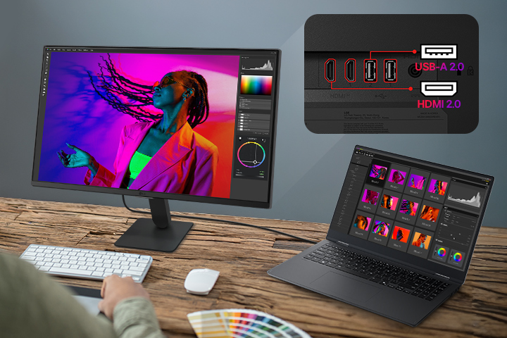 شاشة LG Smart Monitor متصلة بجهاز كمبيوتر محمول عبر منفذ USB-C مع شحن بقدرة 65 واط، وتُظهر مساحة عمل مخصصة لتحرير الصور، ومنافذ متعددة تشمل USB-C وUSB وHDMI، مع التركيز على إمكانية التوصيل بكابل واحد، وشحن الأجهزة، وإعداد محطة عمل مخصصة لزيادة الإنتاجية