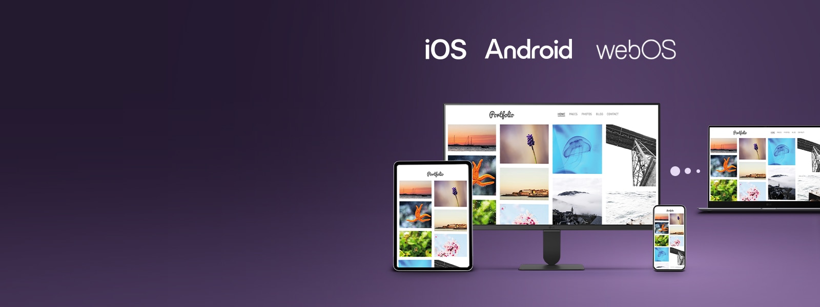 شاشة LG Smart Monitor التي تستخدم LG Link لمزامنة الأجهزة اللاسلكية عبر iOS وAndroid وWebOS، مما يُظهر سلاسة نقل الصور والملفات بين الشاشة والجهاز اللوحي والهاتف الذكي والكمبيوتر المحمول، مما يسلط الضوء على الاتصال عبر الأجهزة وسير العمل متعدد الشاشات.