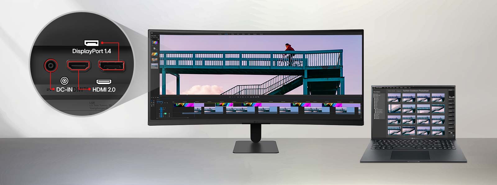 تتميز شاشة LG UltraWide Curved Monitor بخيارات اتصال إدخال متعددة بما في ذلك DisplayPort وHDMI، وهي متصلة بجهاز كمبيوتر محمول للتحرير الموسع والمهام المتعددة على شاشة عريضة، مما يدعم إعداد الجهاز المرن وسير العمل الاحترافي الفعال.