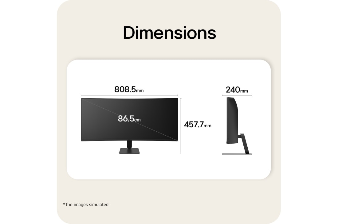 LG شاشة LG UltraWide™ مقاس 34 بوصة منحنية (1800R) WQHD 120Hz, صورة أمامية وجانبية لشاشة LG UltraWide المنحنية مع عرض أبعاد المنتج بالملليمتر., 34U601B-B, thumbnail 14