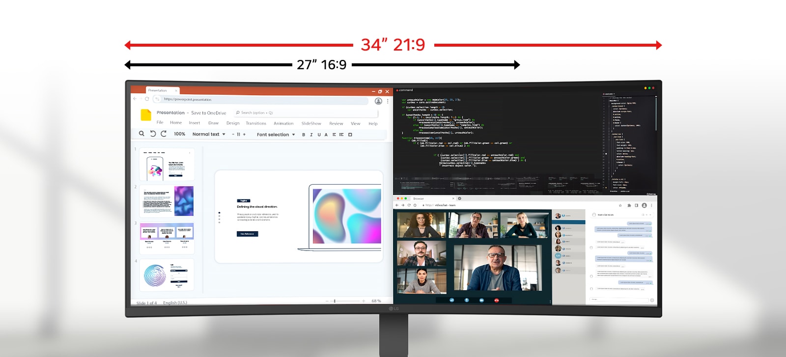 شاشة LG UltraWide Monitor تعرض تطبيقات متعددة عبر شاشة بأبعاد 21:9 ومقاس 34 بوصة، مع مقارنة مميزة توضح المساحة الأفقية الإضافية على شاشة قياسية مقاس 27 بوصة وأبعاد 16:9.