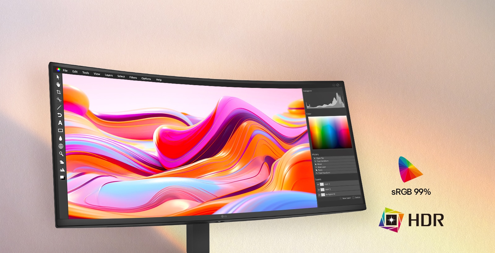 شاشة LG UltraWide Curved Monitor تعرض محتوى إبداعيًا نابضًا بالحياة على شاشة واسعة ومنحنية، مع دعم HDR10 وتغطية لونية sRGB 99%، لتمنحك دقة ألوان غنية وتباينًا محسّنًا وتفاصيل بصرية دقيقة للأعمال الإبداعية والمشاهدة الغامرة.