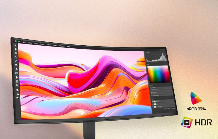 شاشة LG UltraWide Curved Monitor تعرض محتوى إبداعيًا نابضًا بالحياة على شاشة واسعة ومنحنية، مع دعم HDR10 وتغطية لونية sRGB 99%، لتمنحك دقة ألوان غنية وتباينًا محسّنًا وتفاصيل بصرية دقيقة للأعمال الإبداعية والمشاهدة الغامرة.