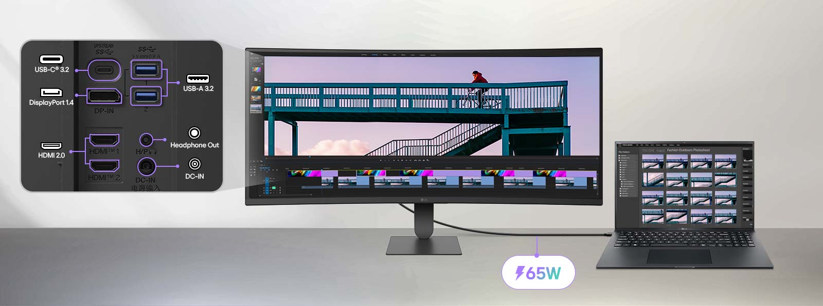 شاشة LG UltraWide™ المنحنية مزودة باتصال USB-C شامل، يتيح نقل الفيديو والبيانات وتوفير طاقة تصل إلى 65 واط عبر كابل واحد، مما يساعد على تنظيم مساحة العمل وتعزيز كفاءة المهام المتعددة عند توصيل جهاز كمبيوتر محمول.