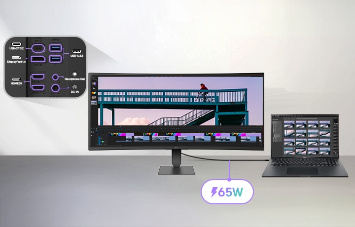 شاشة LG UltraWide™ المنحنية مزودة باتصال USB-C شامل، يتيح نقل الفيديو والبيانات وتوفير طاقة تصل إلى 65 واط عبر كابل واحد، مما يساعد على تنظيم مساحة العمل وتعزيز كفاءة المهام المتعددة عند توصيل جهاز كمبيوتر محمول.