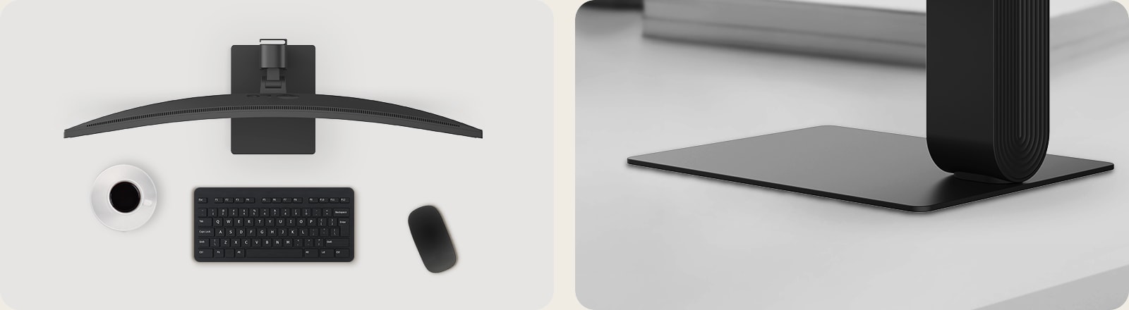 صورة علوية لشاشة LG UltraWide Curved Monitor على مكتب مع كوب قهوة ولوحة مفاتيح لاسلكية وماوس، إلى جانب لقطة مقربة لقاعدة الشاشة الرفيعة مربعة الشكل المصممة للاستقرار ومساحة عمل خالية من الفوضى.