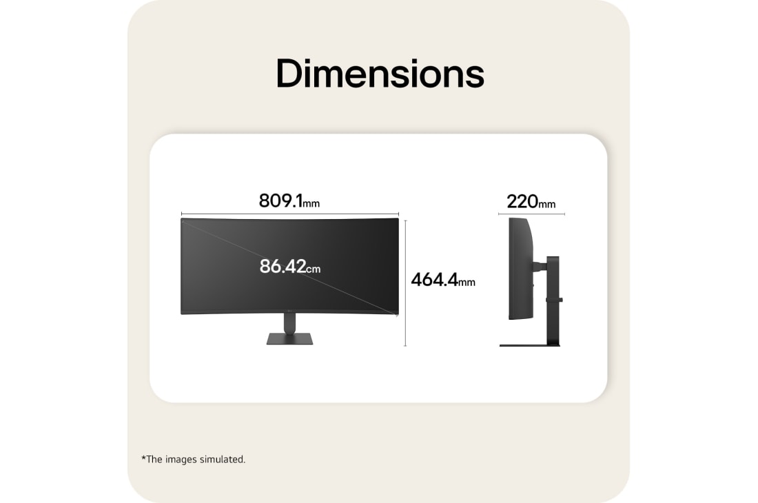 LG شاشة LG UltraWide™ المنحنية مقاس 34 بوصة بدقة WQHD ومعدل تحديث 144Hz ‏(1800R)، طراز 34U640B، مزودة بمنفذ USB-C ودعم HDR 10 وتغطية لونية sRGB 99% (قياسي)., صورة أمامية وجانبية لشاشة LG UltraWide المنحنية مع عرض أبعاد المنتج بالملليمتر., 34U640B-B, thumbnail 14