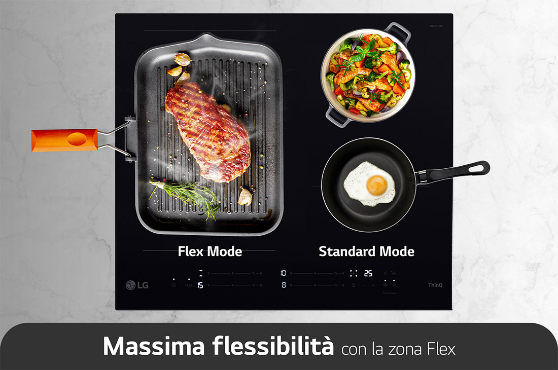 LG موقد مسطح يعمل بالحث الكهربائي مقاس 60 سم 4 شعلات, Flex Mode (الوضع المرن)_على الجانب الأيسر من المنتج، تُوضع مقلاة واسعة في الوضع المرن، وعلى الجانب الأيمن، يتم طهي قدرين في شعلتين في الوضع القياسي., CBIZ2435B, thumbnail 9