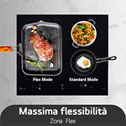 LG موقد مسطح يعمل بالحث الكهربائي مقاس 60 سم 4 شعلات, Flex Mode (الوضع المرن)_على الجانب الأيسر من المنتج، تُوضع مقلاة واسعة في الوضع المرن، وعلى الجانب الأيمن، يتم طهي قدرين في شعلتين في الوضع القياسي., CBIZ2435B, thumbnail 9