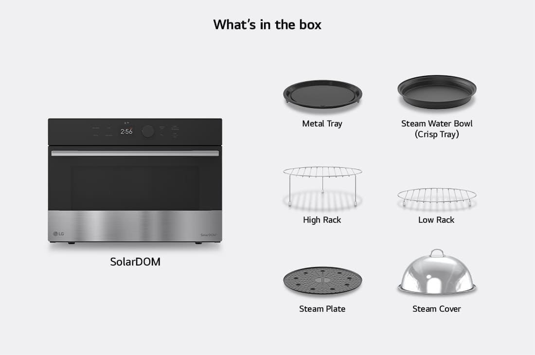 LG فرن ميكروويف شامل SolarDOM™ سعة 38 لتر مع وضع القلي الهوائي و تسخين مزدوج, محتويات العبوة — فرن SolarDOM™ مع الملحقات المضمنة: صينية معدنية، رف منخفض، رف مرتفع، وعاء ماء البخار (صينية القرمشة)، لوح البخار، غطاء البخار، {Rotisserie, and Handle}., MA3885SPS, thumbnail 14