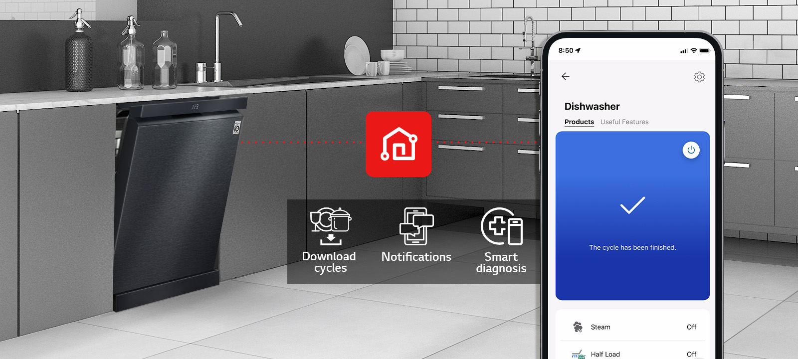 Overall view of a modern kitchen featuring an LG freestanding dishwasher, demonstrating how the LG ThinQ app works with three features: Download Cycles, Notification, and Smart Diagnosis.