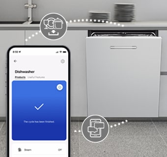 المطبخ من الداخل مع غسالة أطباق مدمجة مفتوحة جزئياً وتطبيق LG ThinQ™ يعرض إشعار اكتمال الدورة.