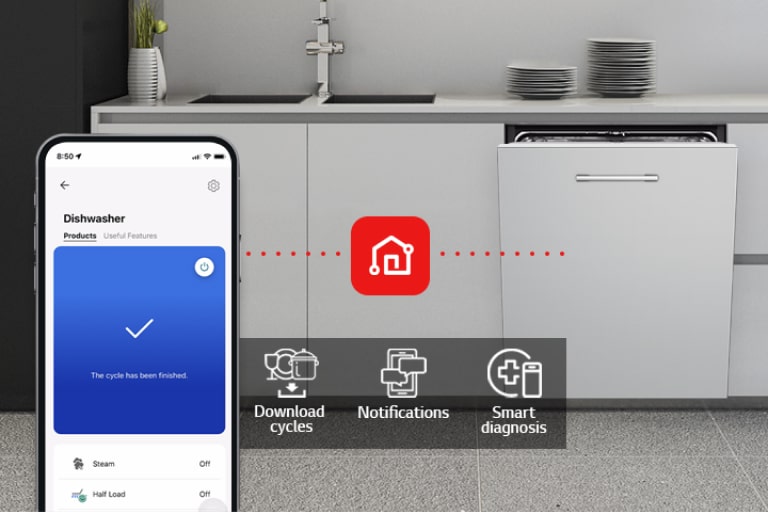 هاتف ذكي يعرض LG ThinQ™ في المطبخ إلى جانب 3 ميزات للتطبيق: تنزيل الدورات والإشعارات والتشخيص الذكي.