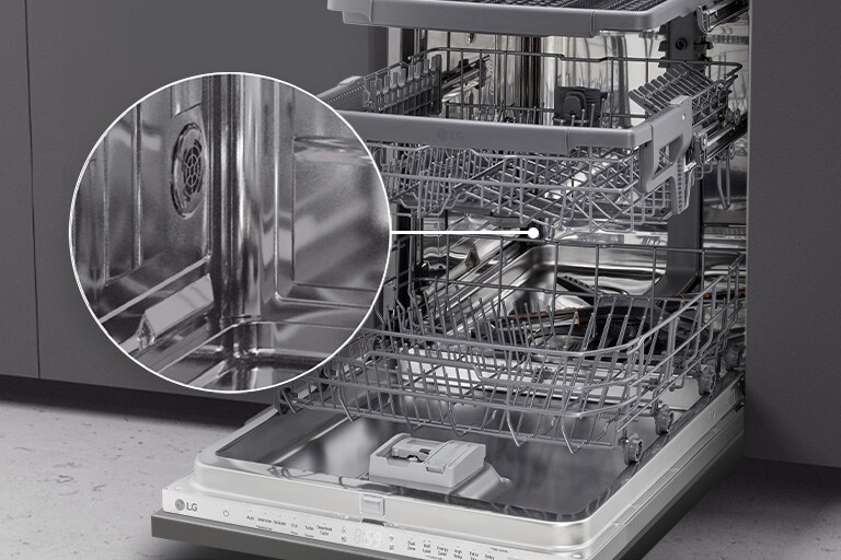 Open LG built-in dishwasher in the kitchen, showcasing its fully stainless steel interior.