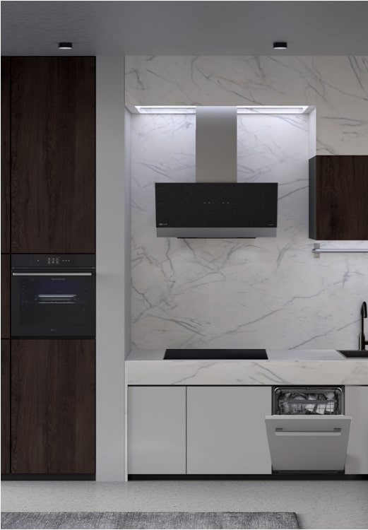 A kitchen with the LG built-in dishwasher, oven, hood, and induction hob installed.