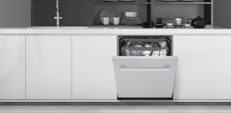 Overall view of a modern kitchen featuring an LG built-in dishwasher seamlessly installed under the counter.