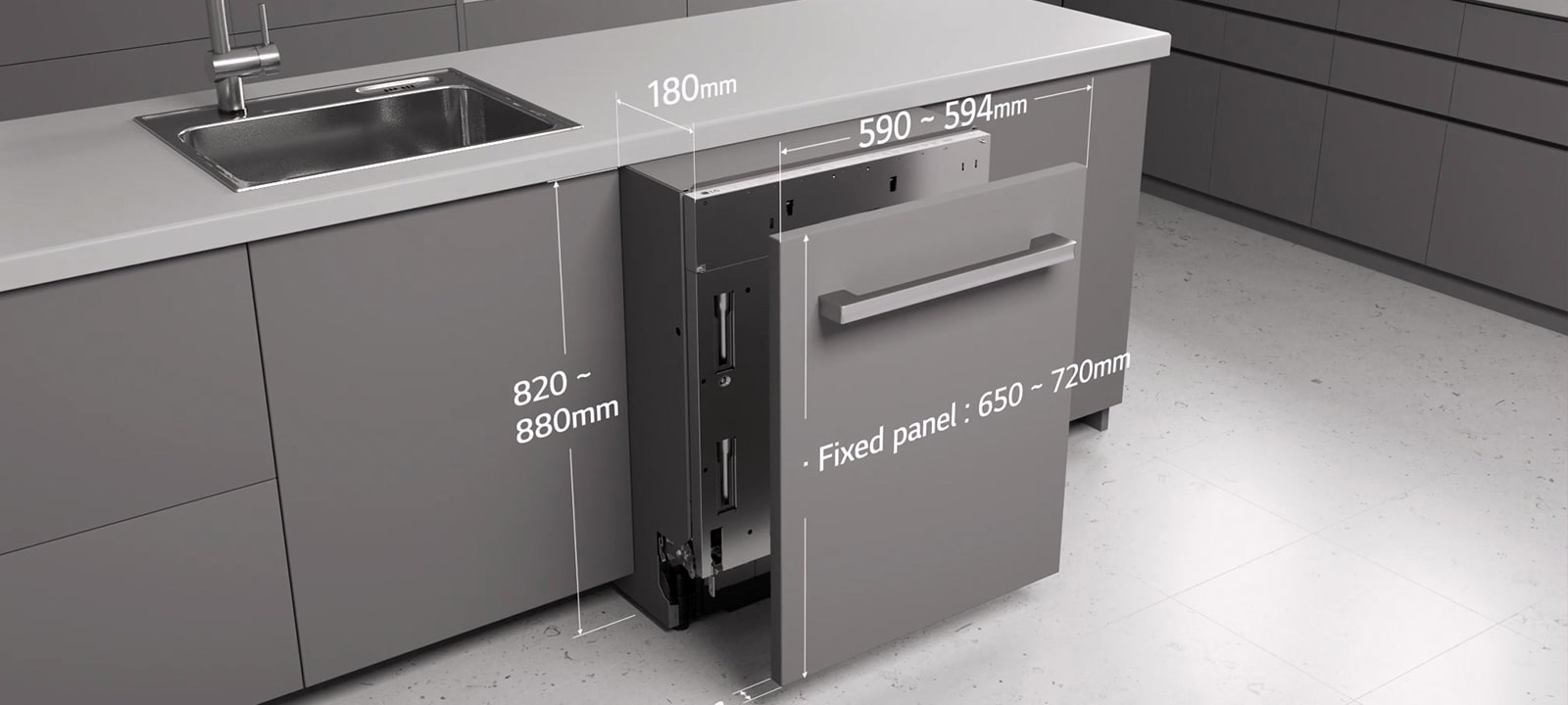 يوضح هذا الفيديو أبعاد غسالة الأطباق المدمجة من LG