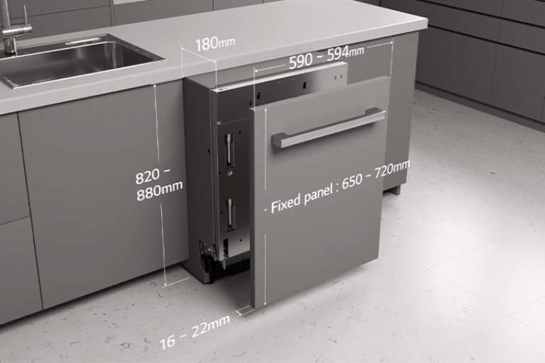 يوضح هذا الفيديو أبعاد غسالة الأطباق المدمجة من LG