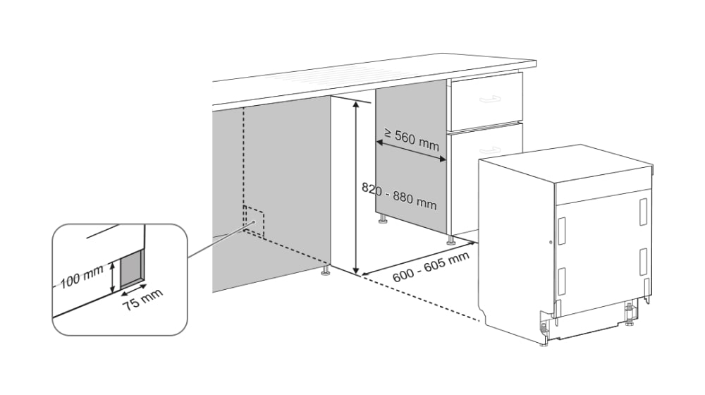 يوضح المساحة المطلوبة لتركيب غسالة أطباق مدمجة من LG