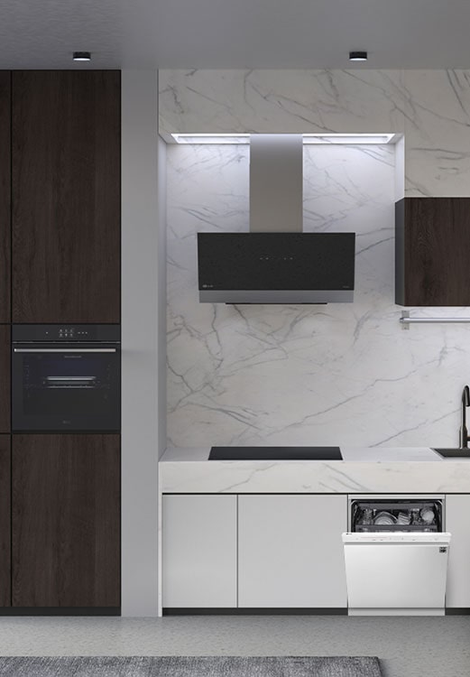 مطبخ مزود بغسالة أطباق وفرن وشفاط وموقد حثي من LG.