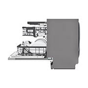 LG غسالة الصحون المدمجة LG QuadWash‎ ‏14 إعدادا موضعيا تقنية ™TrueSteam, منظر جانبي لغسالة الأطباق مع باب مفتوح ورف مرتفع., DBC435TSL, thumbnail 7