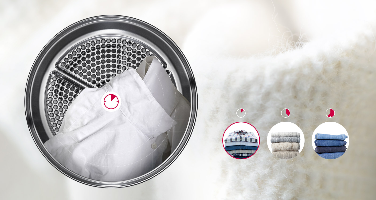 يحتوي حوض المجففة على رمز ساعة في المنتصف لتوضيح الوقت الذي يستغرقه تجفيف قميص وسترة وبنطلون جينز. عندما يدور الحوض، يحدث تغير بالمواد، وبناءً عليه يغير مستشعر التجفيف الوقت اللازم.