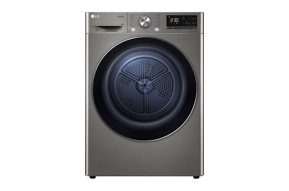 LG نشافة إل جي حجم 9 كجم لون سلفر موفرة للطاقة وفلتر مزدوج وعناية ضد الحساسية,  Front view, RH90V5PVTN